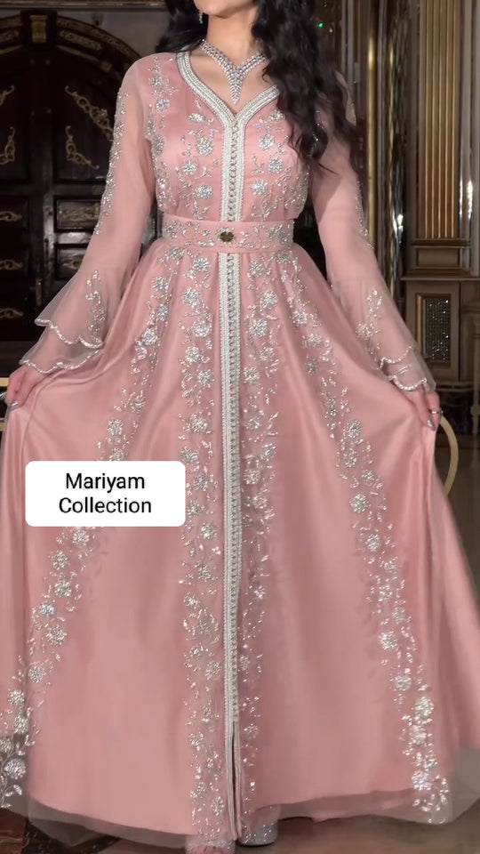 Elegant Kaftan with silver Embroidery–Moroccan Traditional Dress for Special Occasions