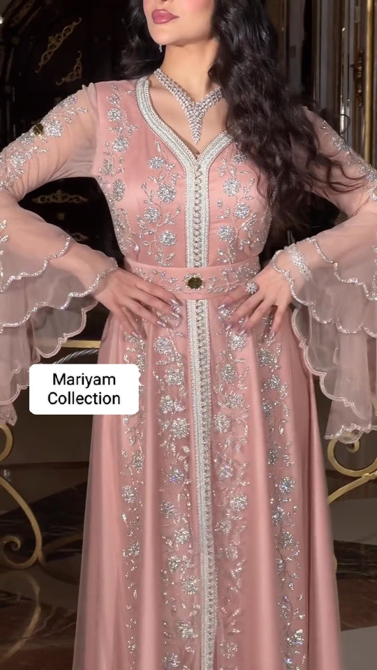 Elegant Kaftan with silver Embroidery–Moroccan Traditional Dress for Special Occasions