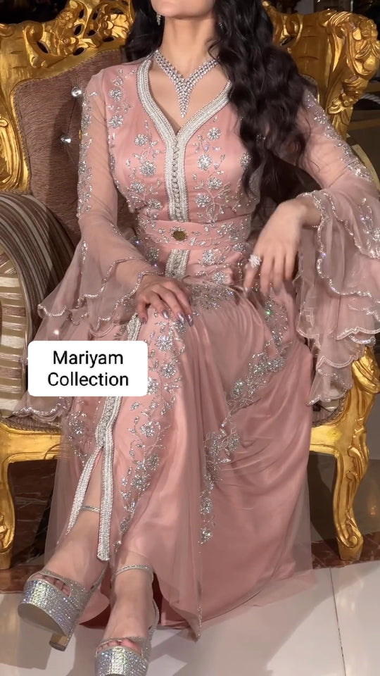Elegant Kaftan with silver Embroidery–Moroccan Traditional Dress for Special Occasions