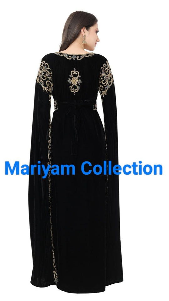 Designer Wedding Dress Crystal Embroidered Kaftan in black Velvet
