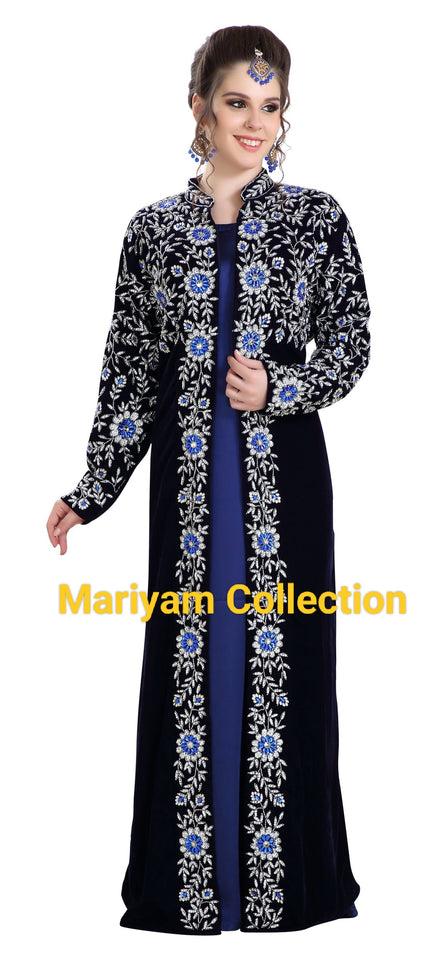 customised Arabian Caftan Dress With Floral Embroidery