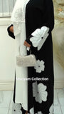 modern black and white abaya with white flower embroidery