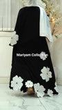 modern black and white abaya with white flower embroidery