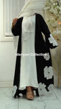 modern black and white abaya with white flower embroidery